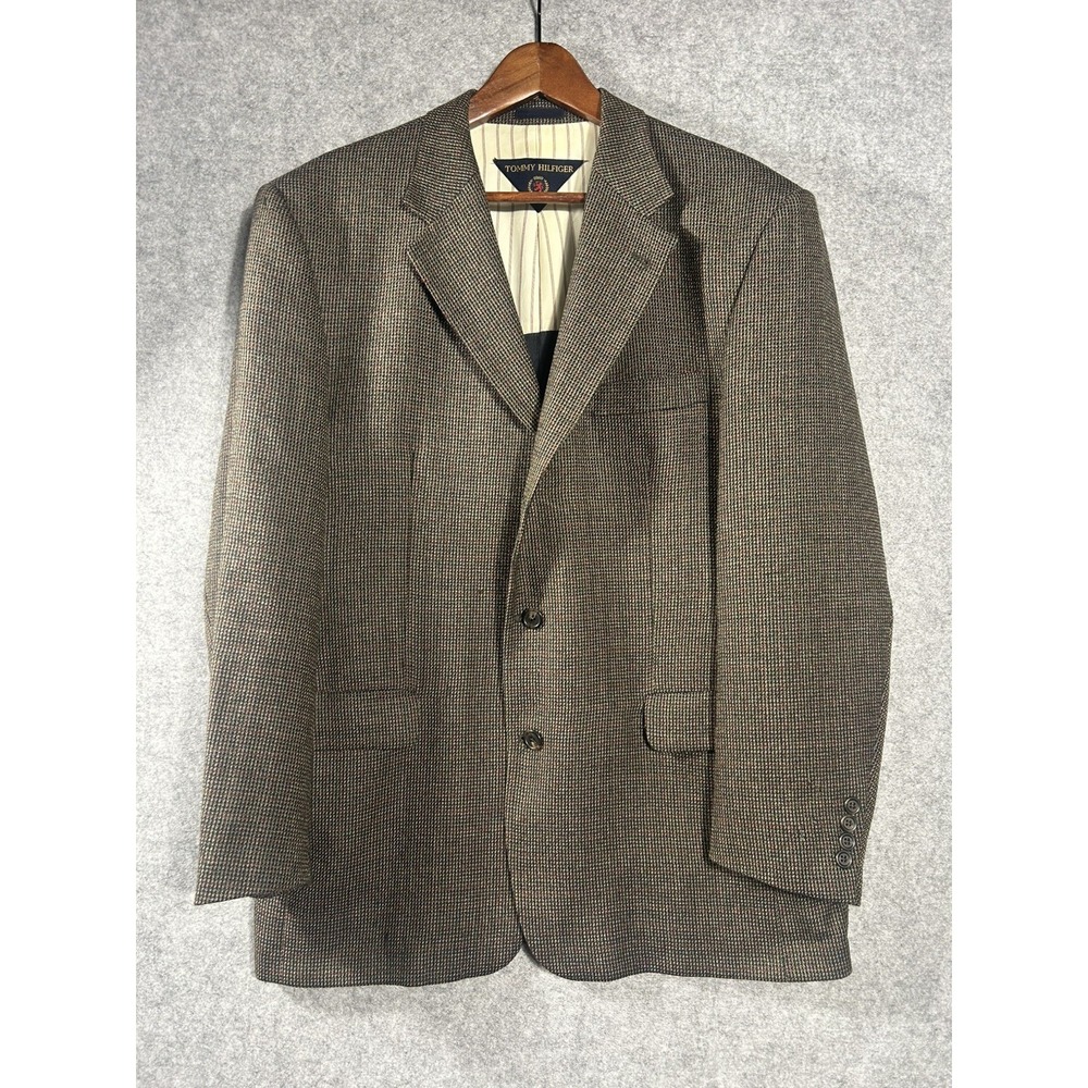 Vintage Tommy Hilfiger Union Made Canada Wool Tweed Blazer Brown Houndstooth 42R